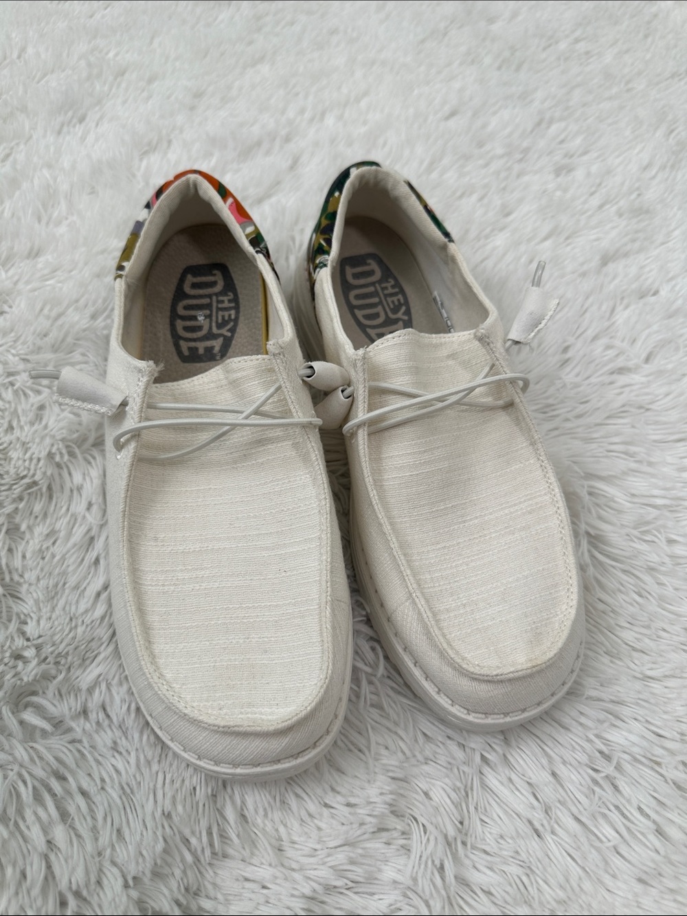 Hey Dude Women's Cream Canvas Sneakers with Colorful Floral Trim